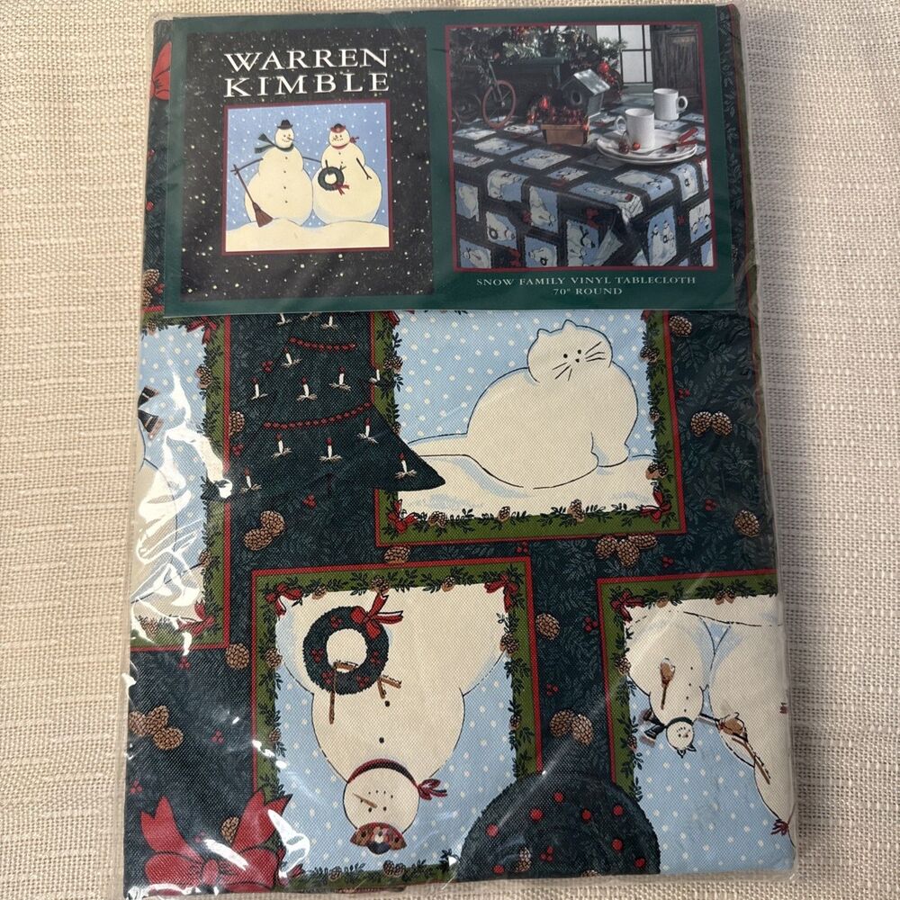 Warren Kimble Easy Care Vinyl Tablecloth 70” Round Snow Family Christmas Decor